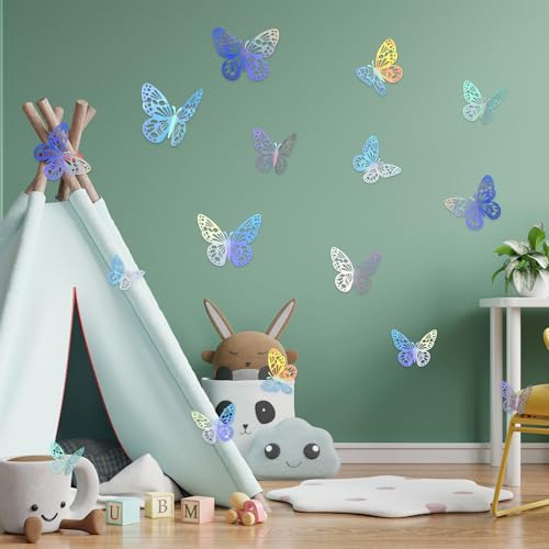 Wanmu 60 Stück Laser Schmetterling Wandaufkleber, 3 Größen Abnehmbare 3D Schmetterlinge Deko, Spiegel Funkeln Hohle Wandtattoo für Kinderzimmer, Hochzeit, Party, Geburtstag