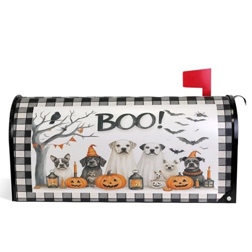 Image of Happy Halloween Dogs Magnetic Mailbox Covers Spooky Bat Raven Pumpkin Buffalo Plaid Mailbox Cover Standard Size Full Magnet Garden Yard Porch Mail Boxes Cover Holiday Decorations 21 inch L x 18 inch W