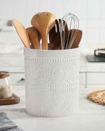 Image of FUN ELEMENTS Kitchen Utensil Holder, 7.2 inch Super Large Utensil Crock Heavy and Stable Lace Emboss Ceramic Utensil Holder for Kitchen Counter (Bright White)