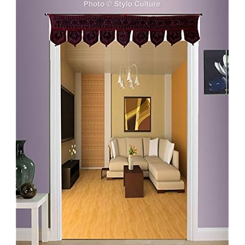 Stylo Culture Ethnic Cotton Window Valance Dining Room Dark Maroon Decorative Embroidered Elephant Scarf Curtain Topper Living Room Traditional Swag Curtain Door Hanging Toran | 36 x 10 Inches Cover