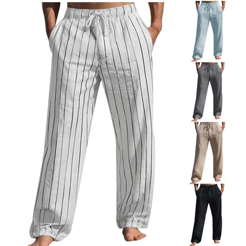 Men's Linen Pants Straight-Legs Casual 3D Printed Elastic Waist Drawstring Baggy Summer Trousers with Pockets