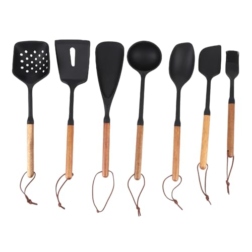 Utensilios de Cocina de Cocina de 7 Piezas Conjunto de Silicona, Utensilios de Cocina Resistentes a Alta Temperatura de Madera para Platos de Freír No con Bandeja, Salpicadura para Sartén