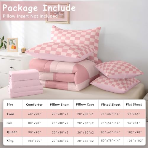 Image of Feelyou Checkered Retro 7 Piece Bedding Set Teen Women Men Pink Gradient Plaid Comforter Set with Sheets King Size Kids Boys Geometric Vintage Bed in a Bag Modern Simple Groovy Aesthetic Room Decor
