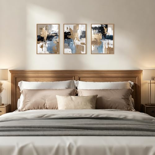 Image of KAIRNE Blue and Gold Abstract Framed Canvas Wall Art Set,Minimalist Brush Strokes Wall Decor,Modern Textured Art Prints,Neutral Brown Black Artwork for Living Room,Bedroom,Farmhouse,Office-12 x16 x3