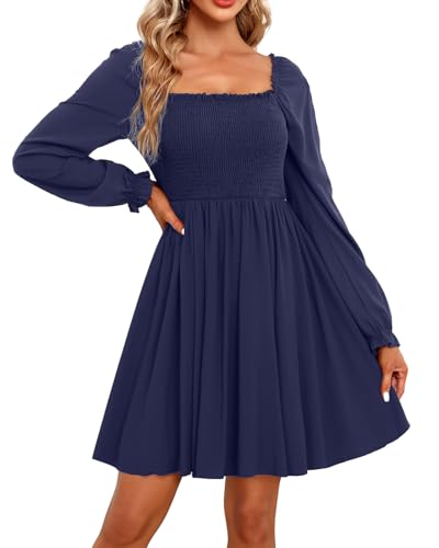 Image of Holipick Women's Casual Square Neck Smocked Dress Shirred Ruffle Puff Sleeve High Waist Cute Flowy A-Line Short Dress