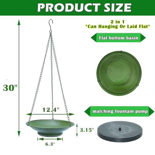 Image of 30 inch H*12.4 inch W Solar Fountain Hanging Bird Bath,Hanging Bird Fountain | Metal Bird Bath Bubbler,Outdoor Bird Bath Bowl, for Outdoors Garden Patio Decor.