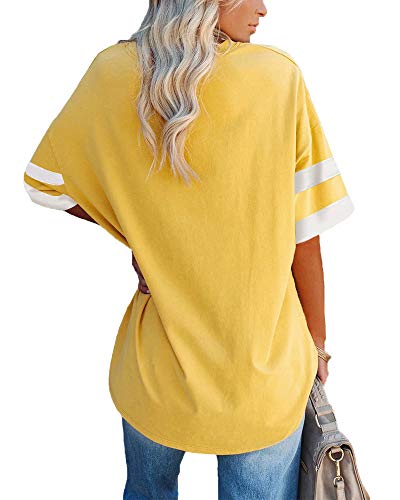 Fisoew Womens Oversized Tees Loose T Shirts Half Sleeve Crew Neck Color Block Cotton Tunic Tops Yellow #TOP1