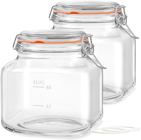 81oz Glass Jars with Airtight Lid, 2 Pack Glass Food Storage Jars with 2 Scale Marks, Square Glass Canisters for Flour, Cereal, Coffee, Pasta, Cookies, Pickle, 0.6 Gallon Wide Mouth Mason Jars