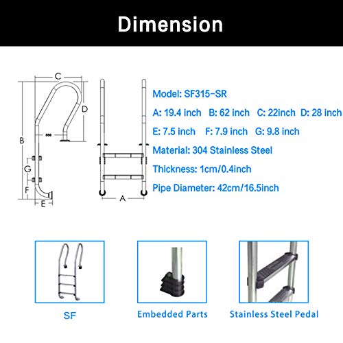Escalera para piscina de acero inoxidable 3 peldaños antideslizante miniatura 3