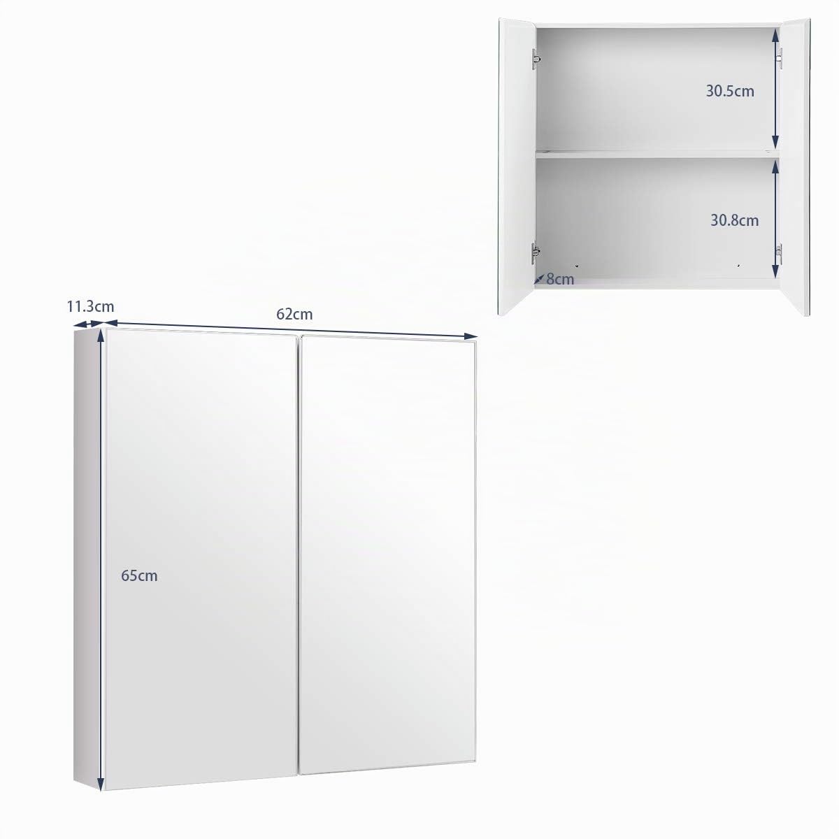 COSTWAY Armoire Murale Salle de Bain avec 2 Miroirs, Placard de Rangement Murale avec 2 Portes, 11 x 62 x 65 cm, Blanc