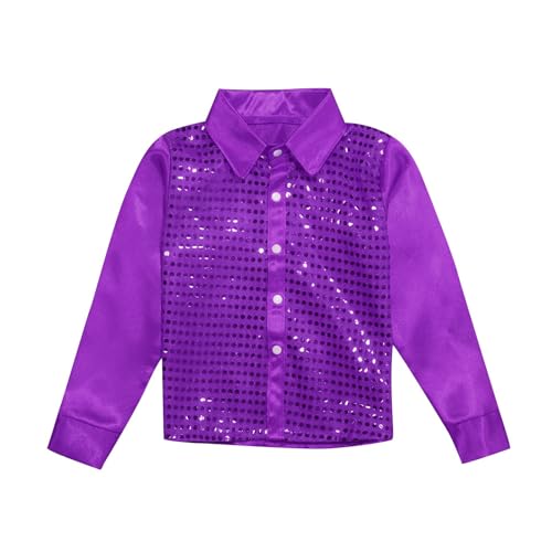 Kids Girls Sparkly Sequins Dance Top Boys Long Sleeve Button Down Shirt for Jazz Dance Long Sleeve (Purple, 5-6 Years)