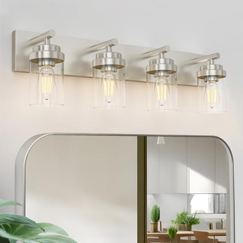 Image of IZORRO Bathroom Vanity Light Fixture, 4-Light 30 Inch Brushed Nickel Bathroom Light Fixtures Over Mirror, with Clear Glass Shade, Modern Farmhouse Vanity Lights, Rustic Restroom Lighting Fixtures