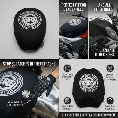 Image of Arhaan Art Modification Bullet Meteor Petrol Tank Cover Black,Universal FIT Stretchable Fabric, Since 1901 Logo