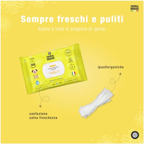 Animal House - Kamille-Reinigungstücher, 100 Stück, natürlich, feuchtigkeitsspendend und beruhigend, biologisch abbaubar und hypoallergen, für die tägliche Reinigung von Hunden und Katzen