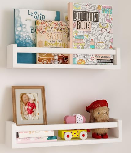Image of Heimlove Nursery Floating Shelves, Solid Wood Nursery Book Shelves for Wall, 16 inch Bookshelf for Kids, Wall Mounted Shelves for Books,Toys and Decor Storage, Set of 2 (White)