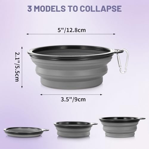 Image of Dog Bowl Pet Collapsible Bowls, 2 Pack Collapsible Dog Water Bowls for Cats Dogs, Portable Pet Feeding Watering Dish for Walking Parking Traveling with 2 Carabiners (Small, Purple & Concrete Gray)