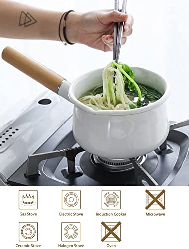 Yumcute Home Enamel Milk Pan With Dual Pour Spout Butter Warmer Milk Pot For Stove Top Healthy White Enameled Inside Coating Iron 1Qt Small Soup Pot With Wooden Handle Handy Pot (White) #TOP2
