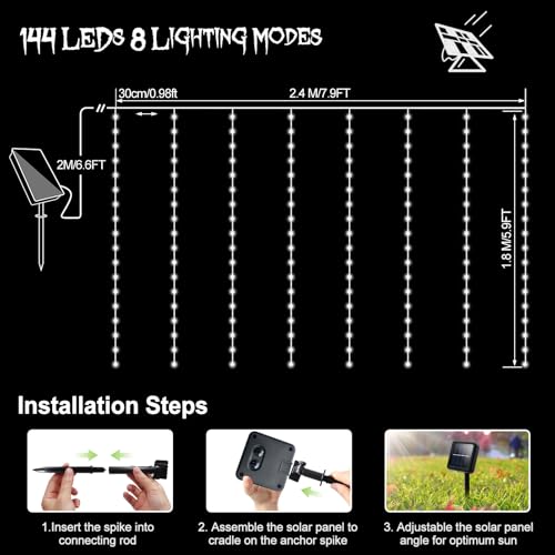 echosari Solar Curtain Lights 7.9ft x 6ft 144 LED Outdoor Curtain Lights Waterproof with Timer 8 Modes for Christmas Gar - Additional View