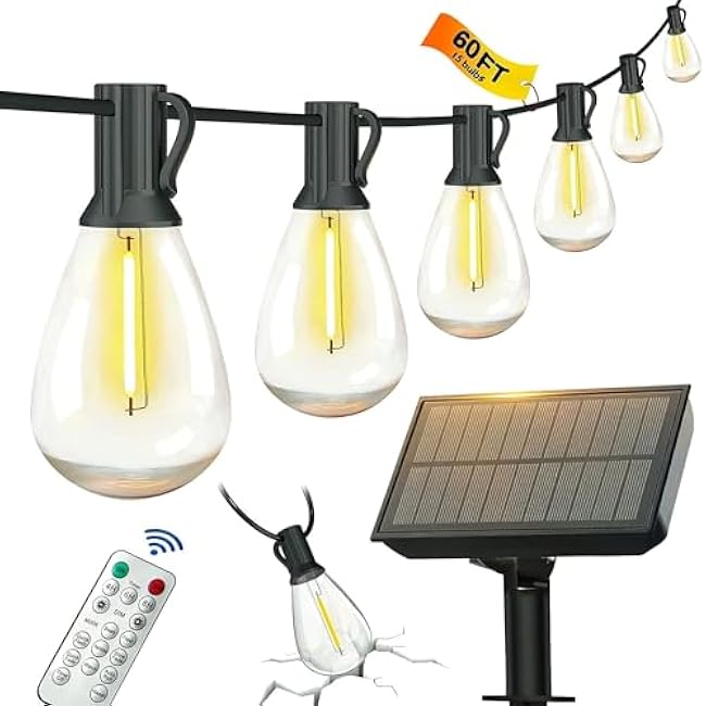 60FT Solar String Lights Outdoor Waterproof with Remote Control Solar Patio Lights 15+2 shatterproof LED Bulbs for Porch Garden Market Bistro Patio Backyard Fence