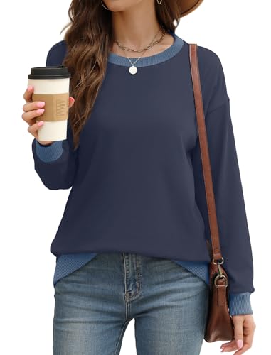 Image of Saloogoe Sweatshirts for Women Crewneck Long Sleeve Loose Fit Tops Color Block Ribbed Trim Fashion 2025