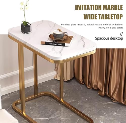 Image of Metal U-Shaped Side Table, Multipurpose End Table with Marble Texture Look, Small Coffee Table Sofa Table Bedside Table for Bedroom Living Room or Office, 2 Tier Storage, Black and White