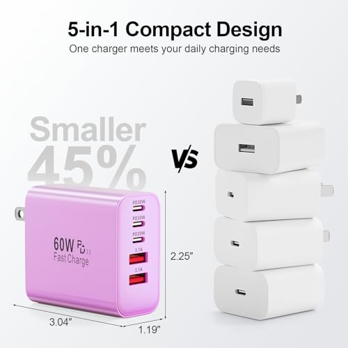 Image of USB C Charger Block, 60W 5-Port Type C Charger Fast Charging Blocks | USBC Multiple Port Wall Charger Plug for iPhone 17 /16 /15 /14 /13 /12 /11 Pro Max, Samsung Galaxy, Android Phone, iPad, Purple