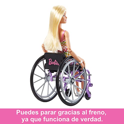 Barbie Fashionista Muñeca rubia con silla de ruedas, rampa y accesorios de moda, juguete +3 años (Mattel HJT13)