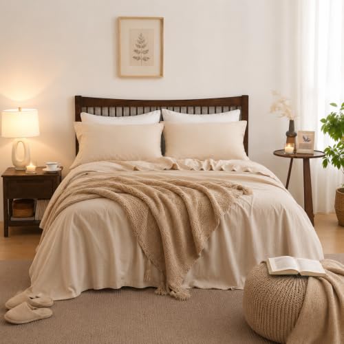 Simple&Opulence Belgian Linen Sheet Set Solid Color - 3 Pieces (1 Flat Sheet 1 Fitted Sheet & 1 Pillowcase) Natural Flax Cotton Blend Soft Breathable Farmhouse Bedding - Twin Size Linen/Beige