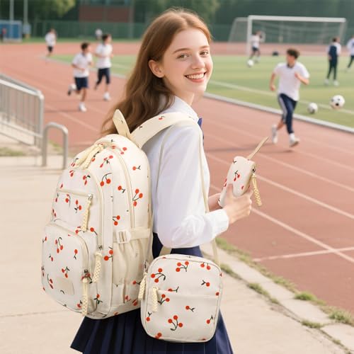 Image of Coquette Cherry Backpack - Cute Kawaii Backpack Set Aesthetic Daypack Cute Rucksack (C03 Cherry White)