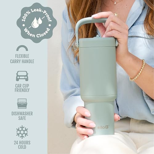 Image of Ello Oasis Go+ 32oz Tumbler with Top Handle and Retracting Straw | Reusable Insulated Stainless Steel Cup, 100% Leakproof Water Bottle, 24 Hours Cold, Cup Holder Friendly For Travel | Salt Water