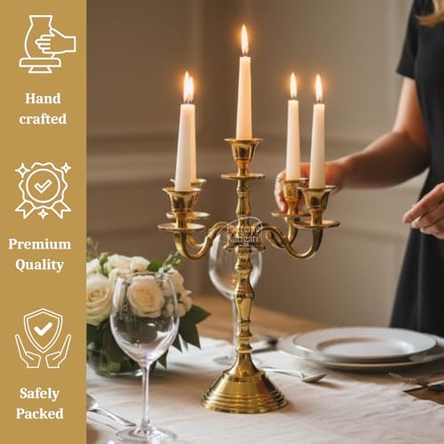 Image of Decorative Aluminum Vintage 5-Arm Brass Gold Candelabra Candle Holder - Elegant Metal Table Centerpiece for Home, Wedding, Party, Dining Room & Living Room Decor