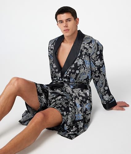 Image of TONY AND CANDICE Men's Satin Robe Lightweight Long Sleeve Silk Kimono Bathrobe with Shorts Set Sleepwear