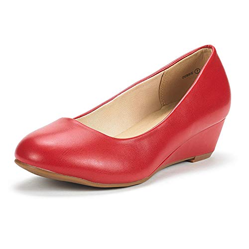 DREAM PAIRS Women's Debbie Mid Wedge Heel Pump Shoes 6 Red/Pu