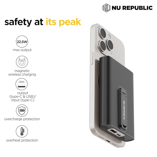 Image of Nu Republic Powerpop X2 10000mAh Wireless Power Bank with Kickstand, 15W Qi Wireless + 22.5W Wired, 3 Outputs, Type-C, USB-A, LED Indicator, Quick Charge, iPhone Compatible (Black)