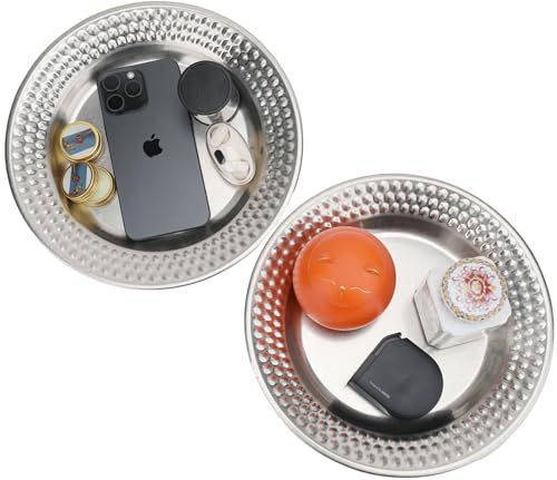 Fermus Set of 2 Round Vintage Metal Tray Diameter 10 1/4 inches, Jewelry Organizer Bathroom Clutter Rustic Decorative Trays Farmhouse Centerpiece for Coffee Table Living Room Kitchen Counter, (2 Pack)