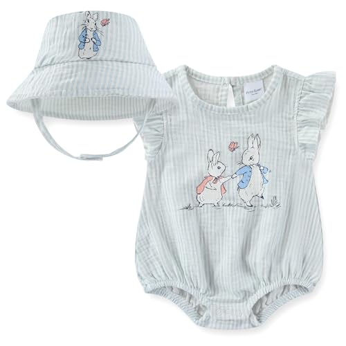Peter Rabbit Baby Girls Romper with Hat 2 Piece Outfit Set for Newborn and Infant