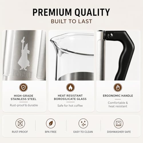 Bialetti Kaffeepresse Preziosa, French Press Filter für Kaffee oder Tee, Gehäuse aus Edelstahl und Behälter aus Borosilikatglas, spülmaschinenfest, 1 Liter, 8 Tassen, Silber – Bild 3