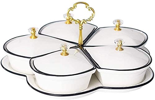 Assiette de Fruits Fruit Bowl Fruit Basket ménages Cinq-Grille en céramique Compartiment avec Couvercle Fruits secs Dessert Assiette de Fruits Fruits Bol (Color : White, Size : 28.5 * 14cm)