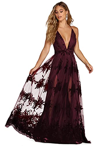 Windsor Long Formal Tulle Dress, V-Neck Floral Flocked-Velvet Long Formal Dress with High Front Lining Slits, Large, Burgundy