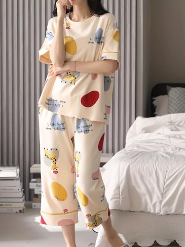Image of Lunza Women's Cotton Pajama Set with Top & Pants|| Korean Night Suit|| Lightweight Printed Set || Soft & Comfy Sleepwear for Girls & Women