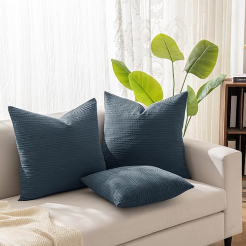 Image of 18x18 Throw Pillow Covers Set of 2 Boho Decorative Pillow Shams Stone Washed Cotton Pillowcase Waffle Square for Couch Sofa Chair Bed Car, Blue Grey