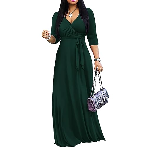 FANDEE Women's 2025 Maxi Dress - Solid Color Bohemian Summer Long Maxi Dress V-Neck 3/4 Sleeve Green 2XL