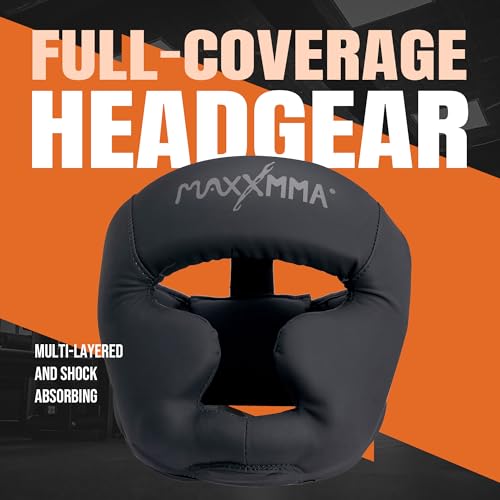 MaxxMMA Boxing Headgear, Adjustable Full Coverage Protection Headguard, MMA Training, Muay Thai, Sparring, Martial Arts, Karate (Black, L)