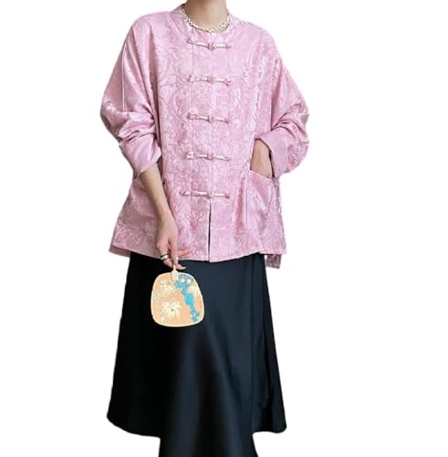 Chaqueta De Mujer Jacquard De Estilo Chino - Chaqueta De Jacquard De Cuello Redondo Rosa para Mujer Chaqueta Elegante China De Primavera Abrigo De Botones Retro Chaqueta Suelta con Abertura,Rosad