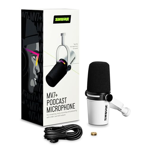 Image of Shure MV7+ Podcast Microphone. Enhanced Audio, LED Touch Panel, USB-C & XLR Outputs, Auto Level Mode, Digital Pop Filter, Reverb Effects, Podcasting, Streaming, Recording - White