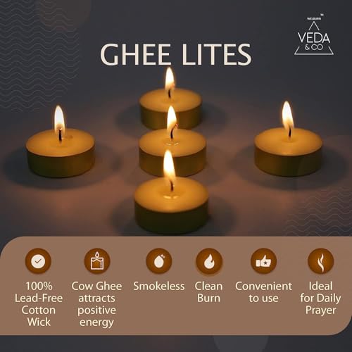 Image of Welburn Veda&Co Ghee Tealight Candles - Pack of 50, Upto 4 Hours Burning Time, Pure Cow Ghee Diya for Puja in Beautiful Gold Color Cup, Candles for Home Decor, Pooja, Home, Temple