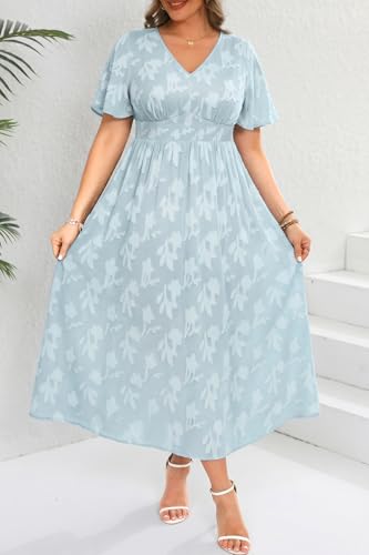 Image of Pinup Fashion Plus Size Wedding Guest Chiffon Semi Formal Maxi Dress | Chiffon, V-neckline, short sleeves, shirred waist, textured floral pattern, maxi length, versatile for all seasons