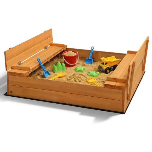 LEADZM Bac à Sable en Bois pour Enfants avec Banc et Couvercle, 110 x 110 x 21 cm, Grand Bac à Sable Extérieur pour Jardin, Plage, Parc, Cadeau pour...