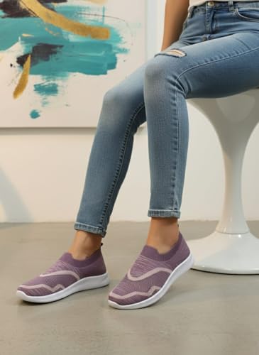 Image of Women's Slip-On Knit Sneakers, Purple Lightweight Casual Walking Shoes with White Sole