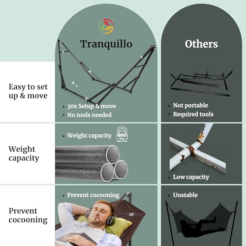 Image of Tranquillo Universal Double Hammock with Stand Included for 2 Persons /Foldable Hammock Stand 600 lbs Capacity Portable Case - Inhouse, Outdoor, Camping, Brown